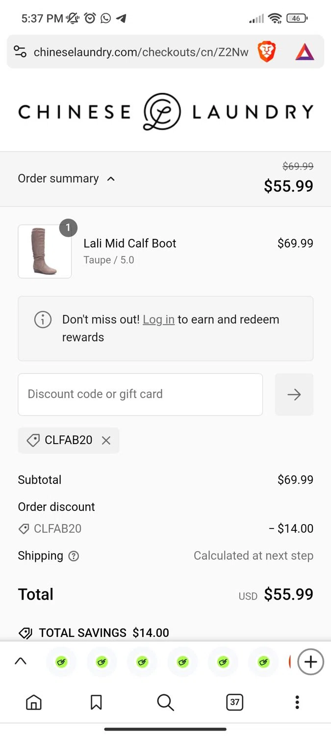 Chinese Laundry coupon code screenshot showing code CLFAB20 applied at Chinese Laundry checkout page. Uploaded by SimplyCodes community member Dejadepicharme on Jan 9, 2025