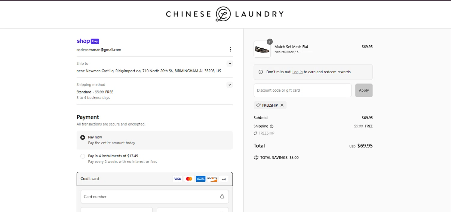 Chinese Laundry coupon code screenshot showing code FREESHIP applied at Chinese Laundry checkout page. Uploaded by SimplyCodes community member DiscountLion3937 on Jun 20, 2025