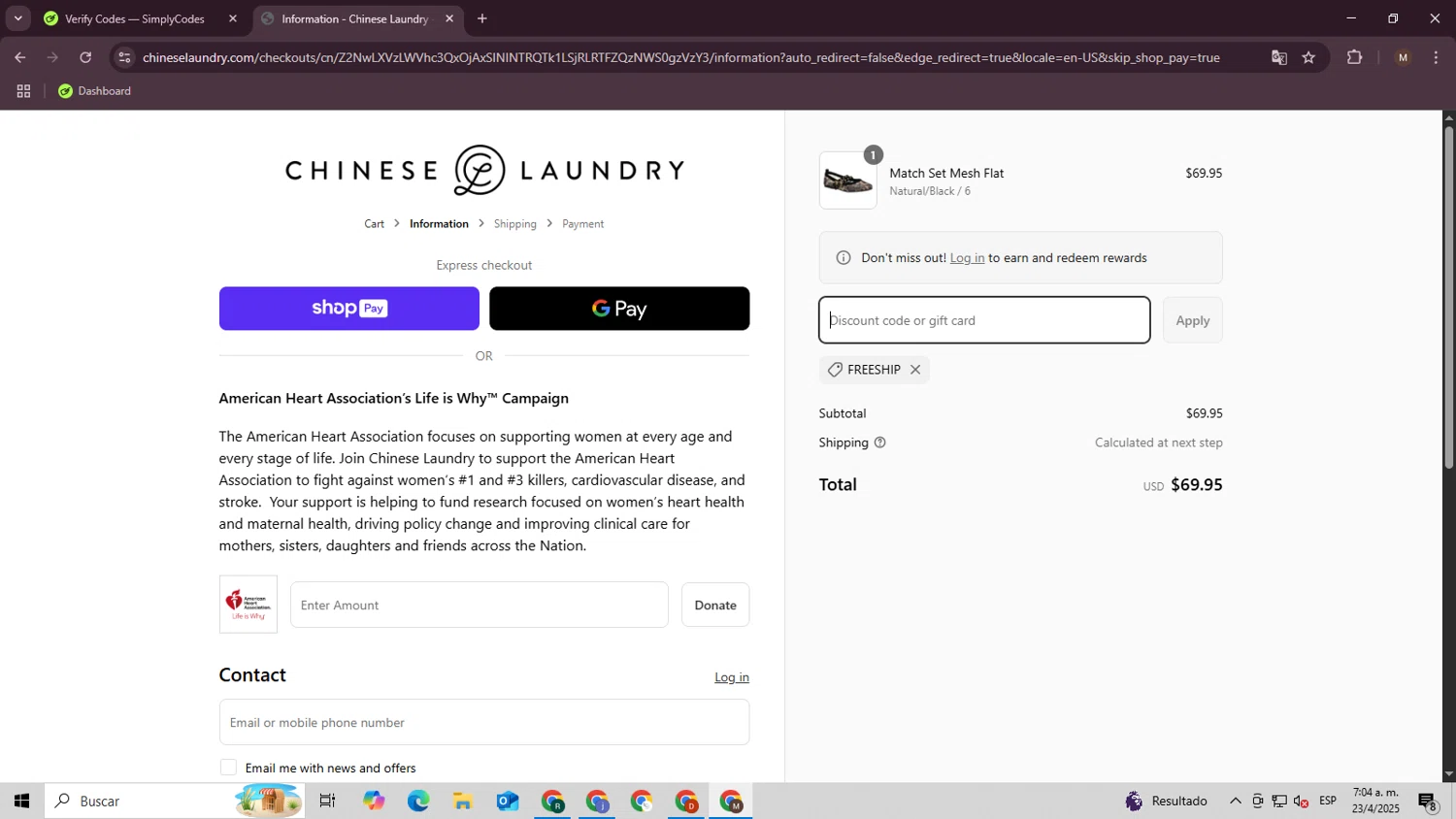 Chinese Laundry coupon code screenshot showing code FREESHIP applied at Chinese Laundry checkout page. Uploaded by SimplyCodes community member CouponWizard2714 on Apr 23, 2025