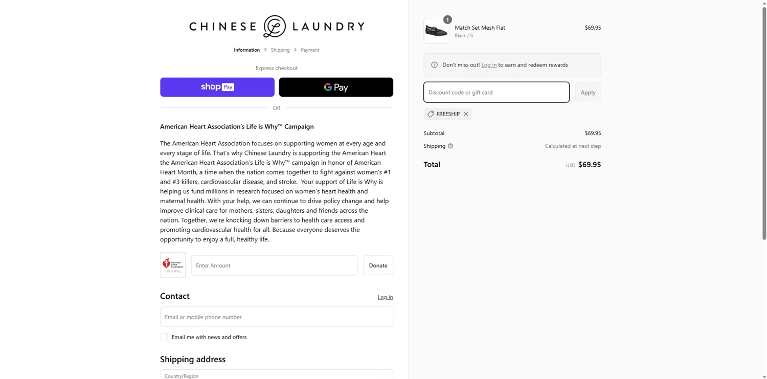 Chinese Laundry coupon code screenshot showing code FREESHIP applied at Chinese Laundry checkout page. Uploaded by SimplyCodes community member CouponSage8297 on Mar 25, 2025
