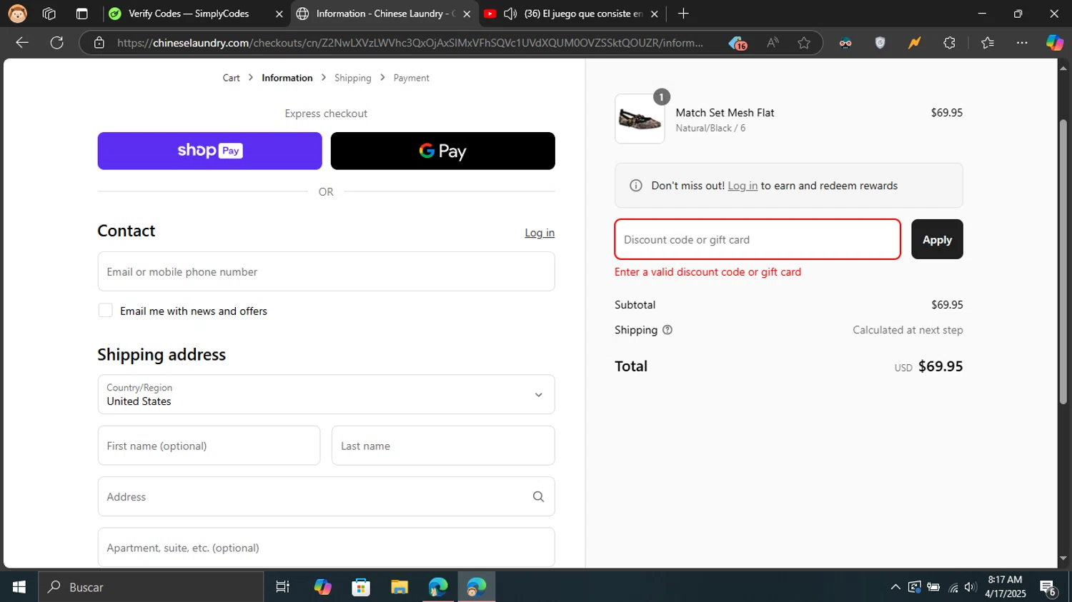 Chinese Laundry coupon code screenshot showing code Investinyou applied at Chinese Laundry checkout page. Uploaded by SimplyCodes community member Blackleg_Sanji on Apr 17, 2025