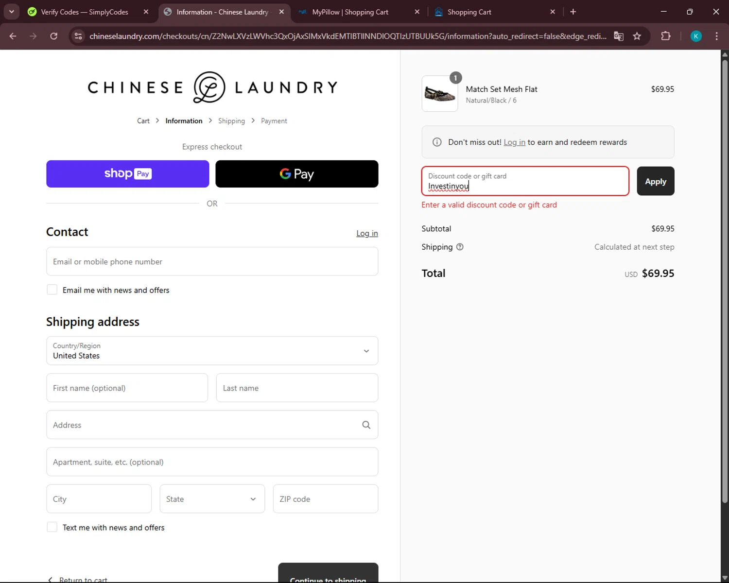 Chinese Laundry coupon code screenshot showing code Investinyou applied at Chinese Laundry checkout page. Uploaded by SimplyCodes community member VoucherSleuth3236 on Apr 17, 2025