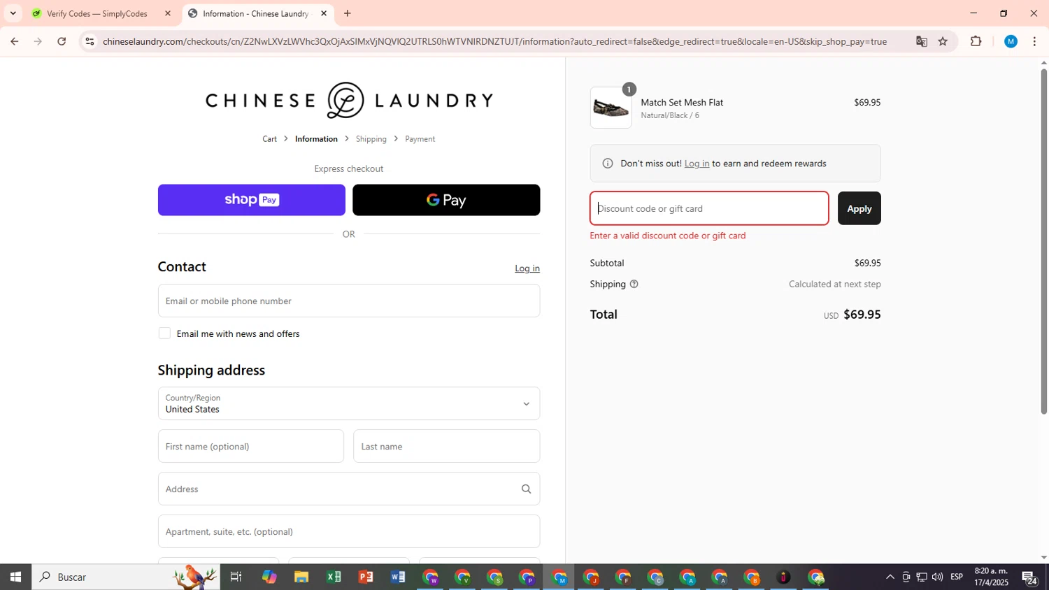 Chinese Laundry coupon code screenshot showing code Investinyou applied at Chinese Laundry checkout page. Uploaded by SimplyCodes community member SaleScout7223 on Apr 17, 2025