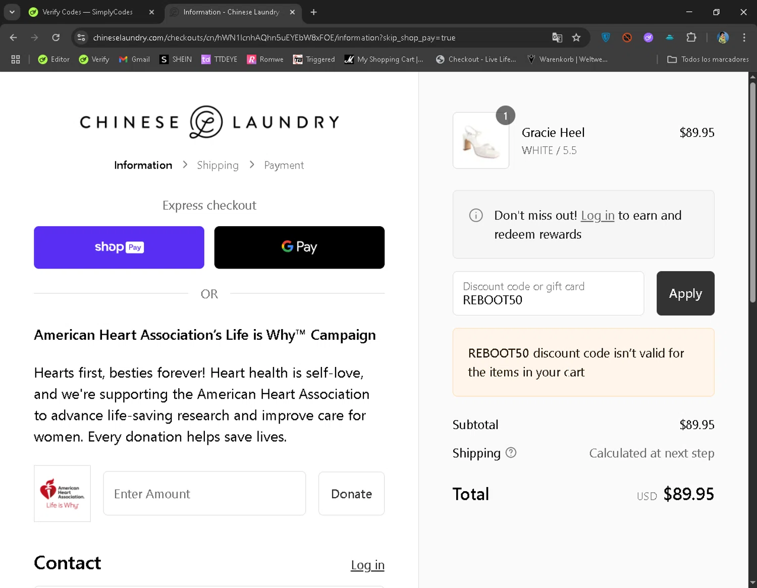 Chinese Laundry coupon code screenshot showing code REBOOT50 applied at Chinese Laundry checkout page. Uploaded by SimplyCodes community member CoolMcCool on Aug 13, 2025
