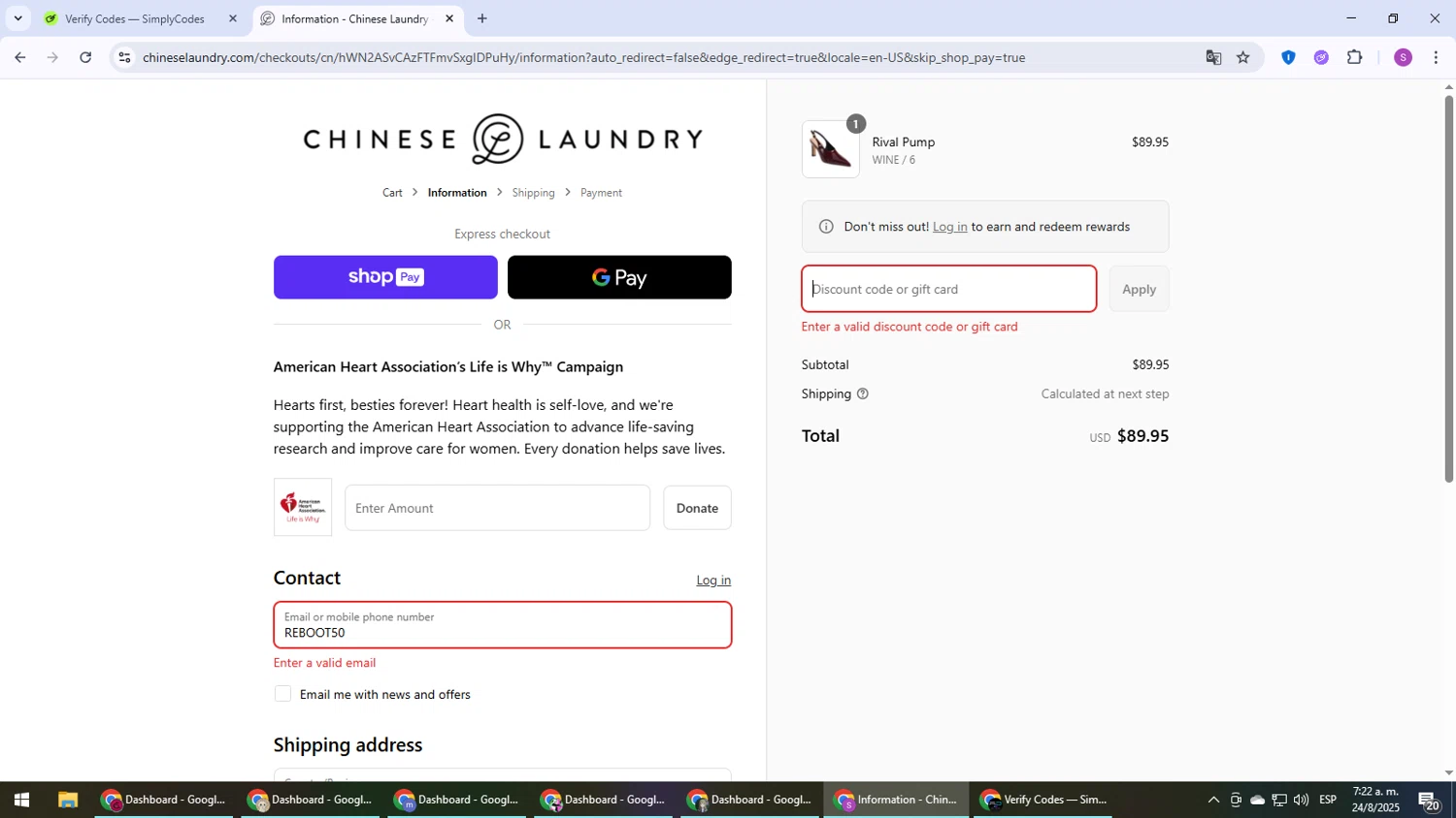 Chinese Laundry coupon code screenshot showing code REBOOT50 applied at Chinese Laundry checkout page. Uploaded by SimplyCodes community member Son_Goku on Aug 24, 2025