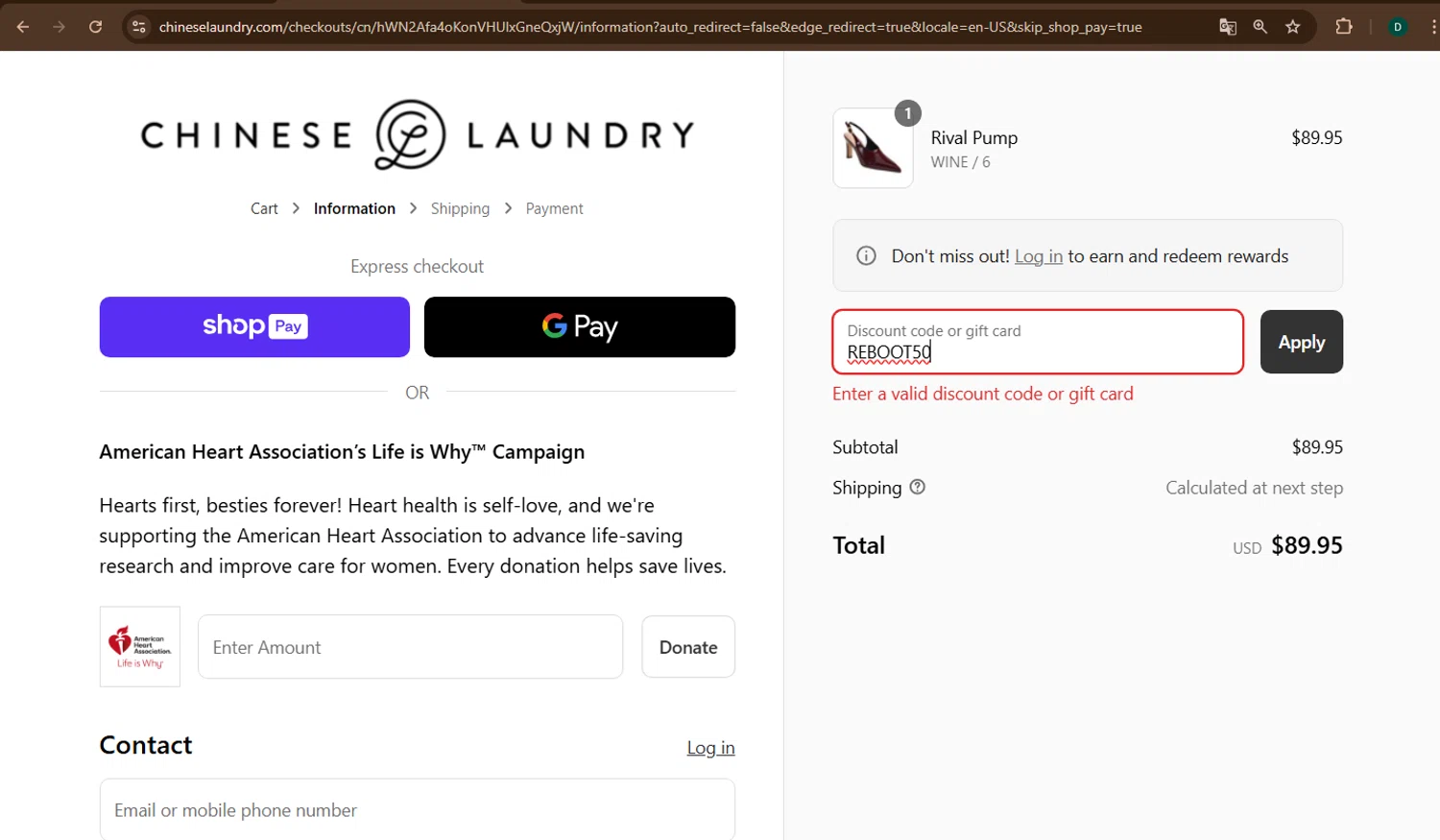 Chinese Laundry coupon code screenshot showing code REBOOT50 applied at Chinese Laundry checkout page. Uploaded by SimplyCodes community member drevin007 on Aug 24, 2025