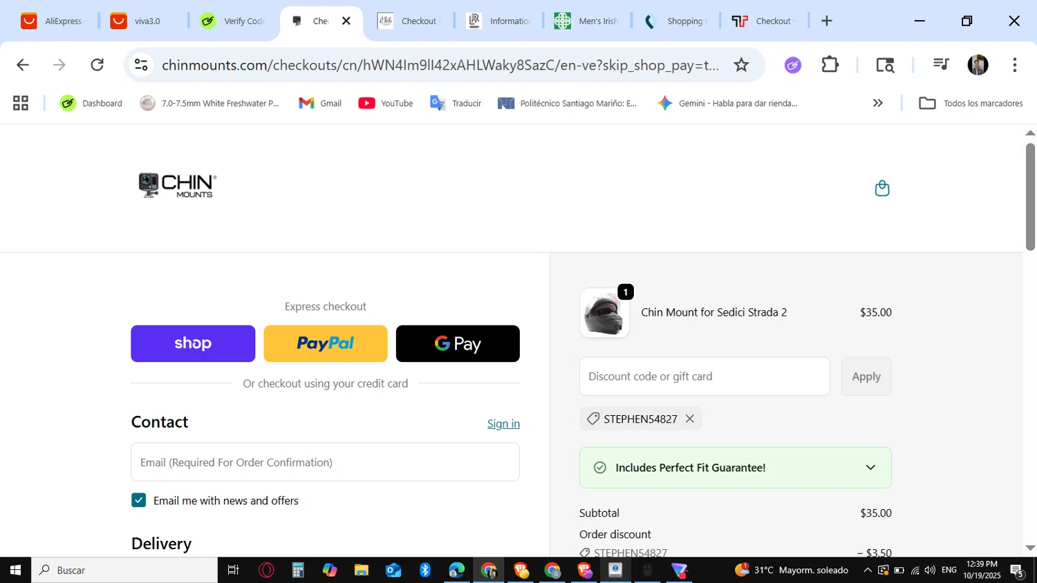 Chin Mounts checkout page showing Chin Mounts discount code box | Screenshot taken by SimplyCodes community member on Oct 19, 2025