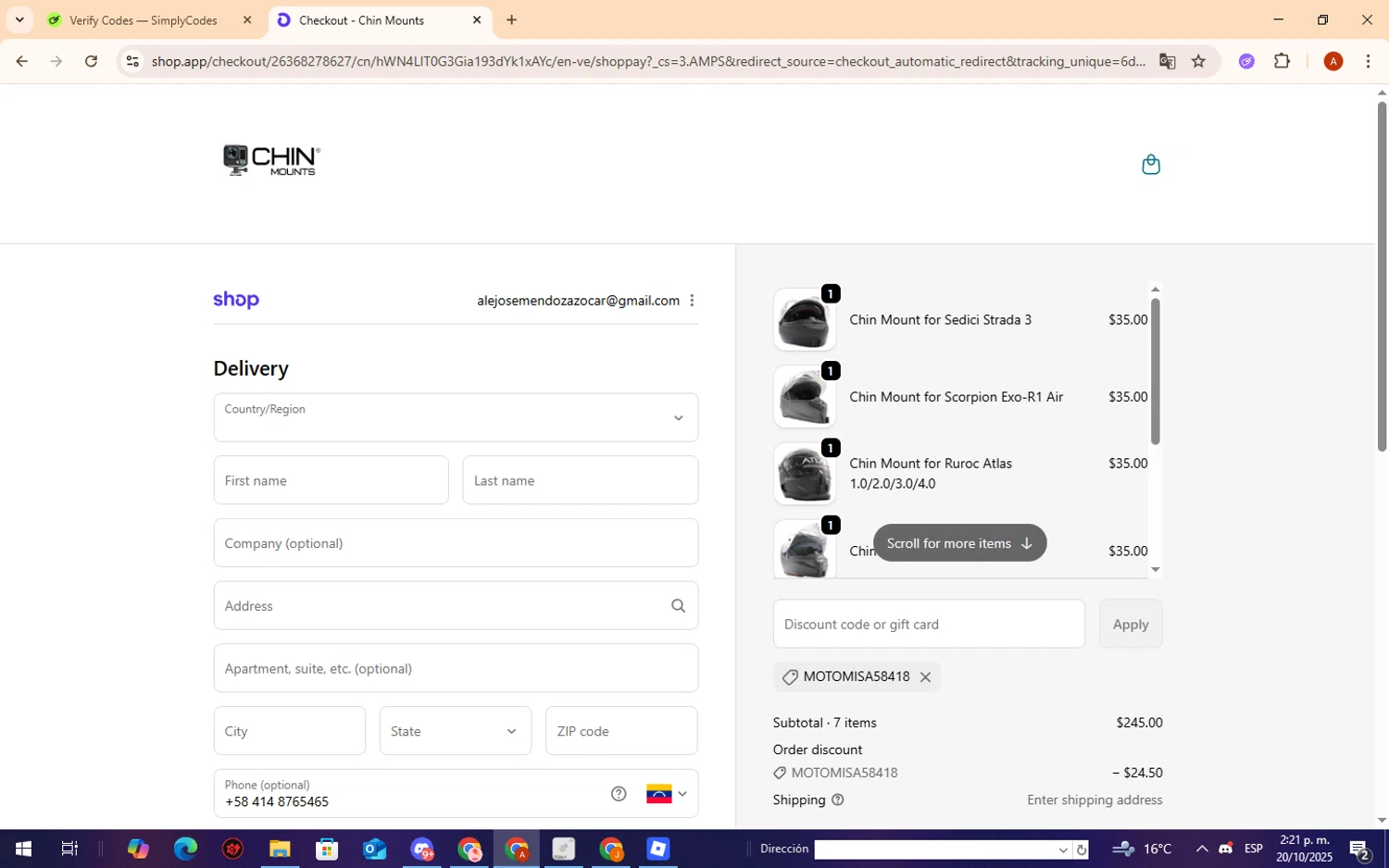 Chin Mounts checkout page showing Chin Mounts discount code box | Screenshot taken by SimplyCodes community member on Oct 20, 2025