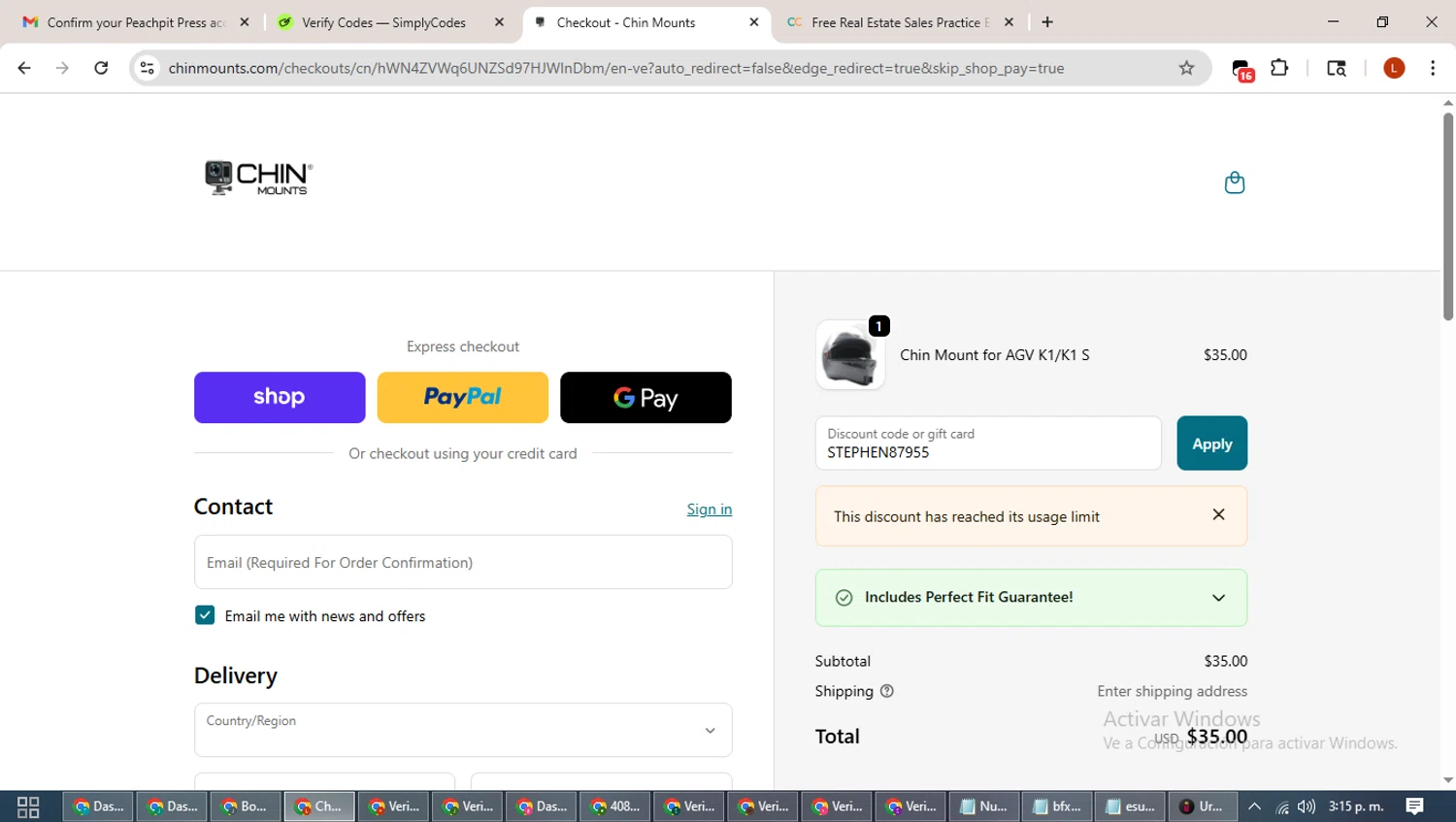 Chin Mounts discount code screenshot showing code STEPHEN87955 applied at Chin Mounts checkout page. Uploaded by SimplyCodes community member BonusHero9692 on Oct 26, 2025