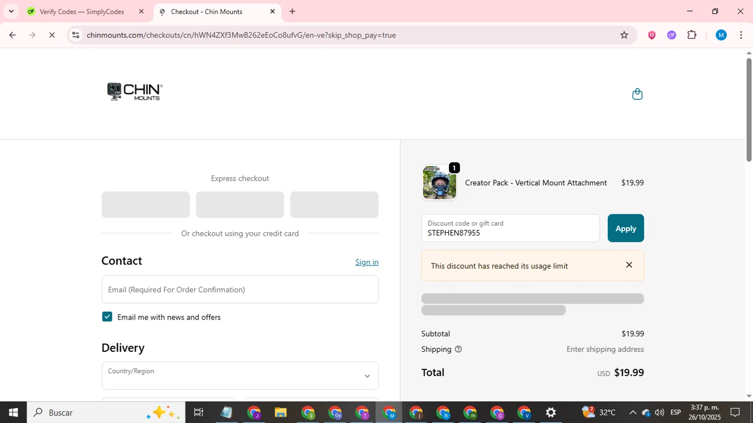 Chin Mounts discount code screenshot showing code STEPHEN87955 applied at Chin Mounts checkout page. Uploaded by SimplyCodes community member LegendaryCurator1585 on Oct 26, 2025