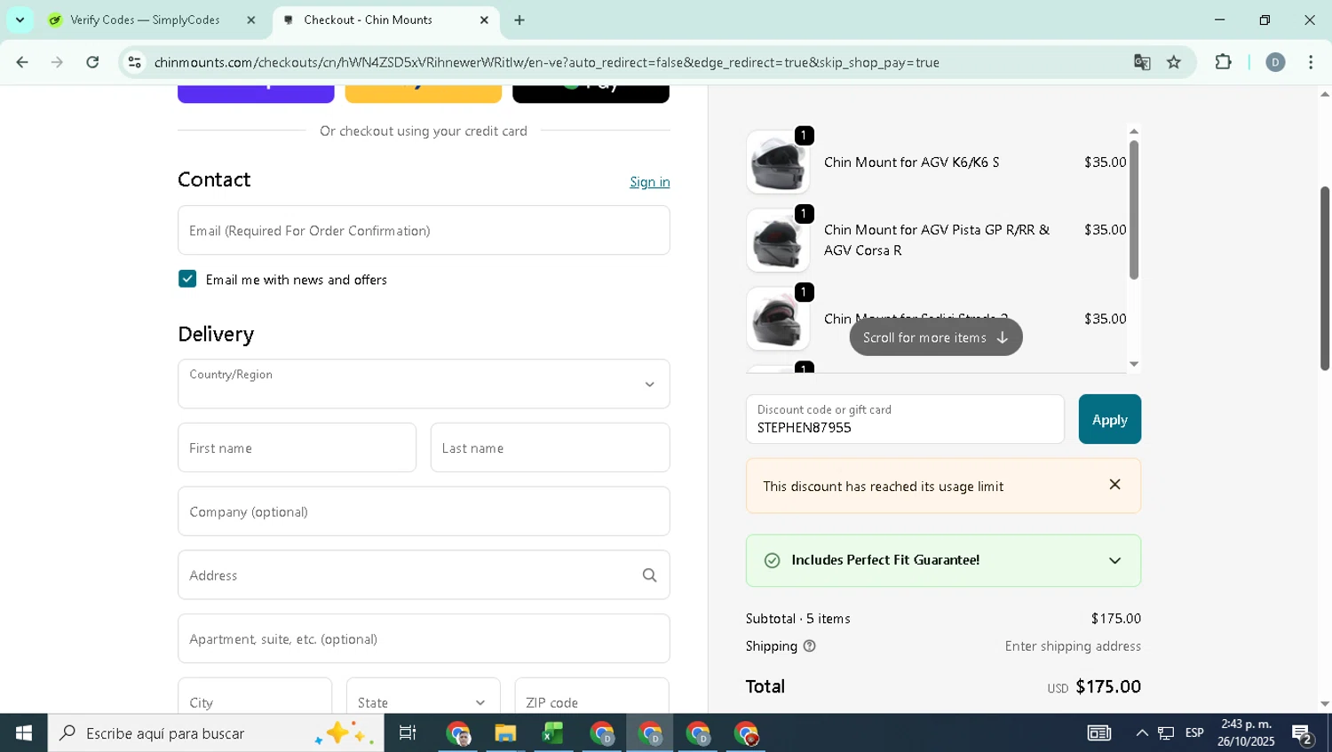 Chin Mounts discount code screenshot showing code STEPHEN87955 applied at Chin Mounts checkout page. Uploaded by SimplyCodes community member SavingsHero4493 on Oct 26, 2025
