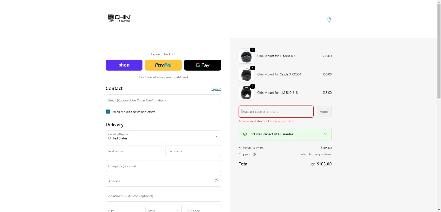 Chin Mounts discount code screenshot showing code ACTION25 applied at Chin Mounts checkout page. Uploaded by SimplyCodes community member TreasureKnight4134 on Feb 11, 2026