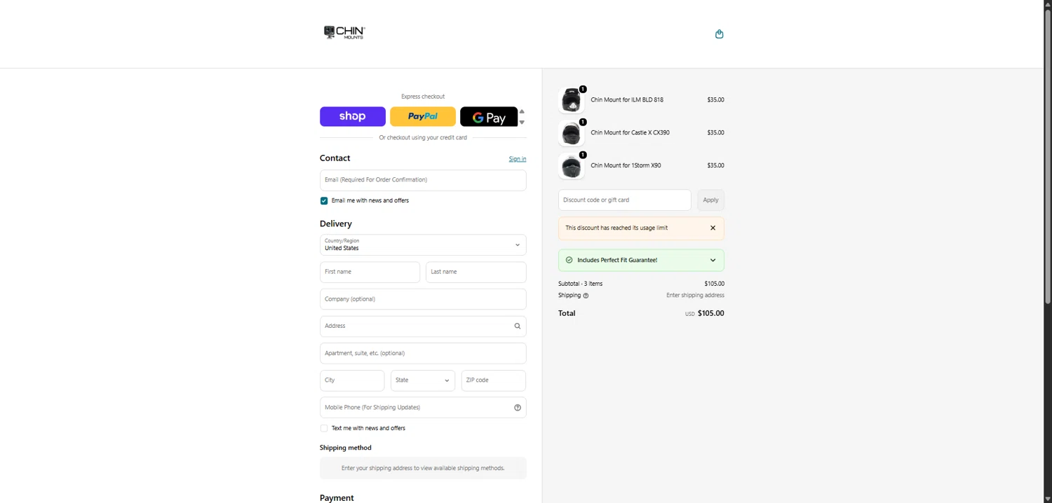 Chin Mounts discount code screenshot showing code GABRIIIELR18862 applied at Chin Mounts checkout page. Uploaded by SimplyCodes community member SwiftHunter5737 on Feb 10, 2026