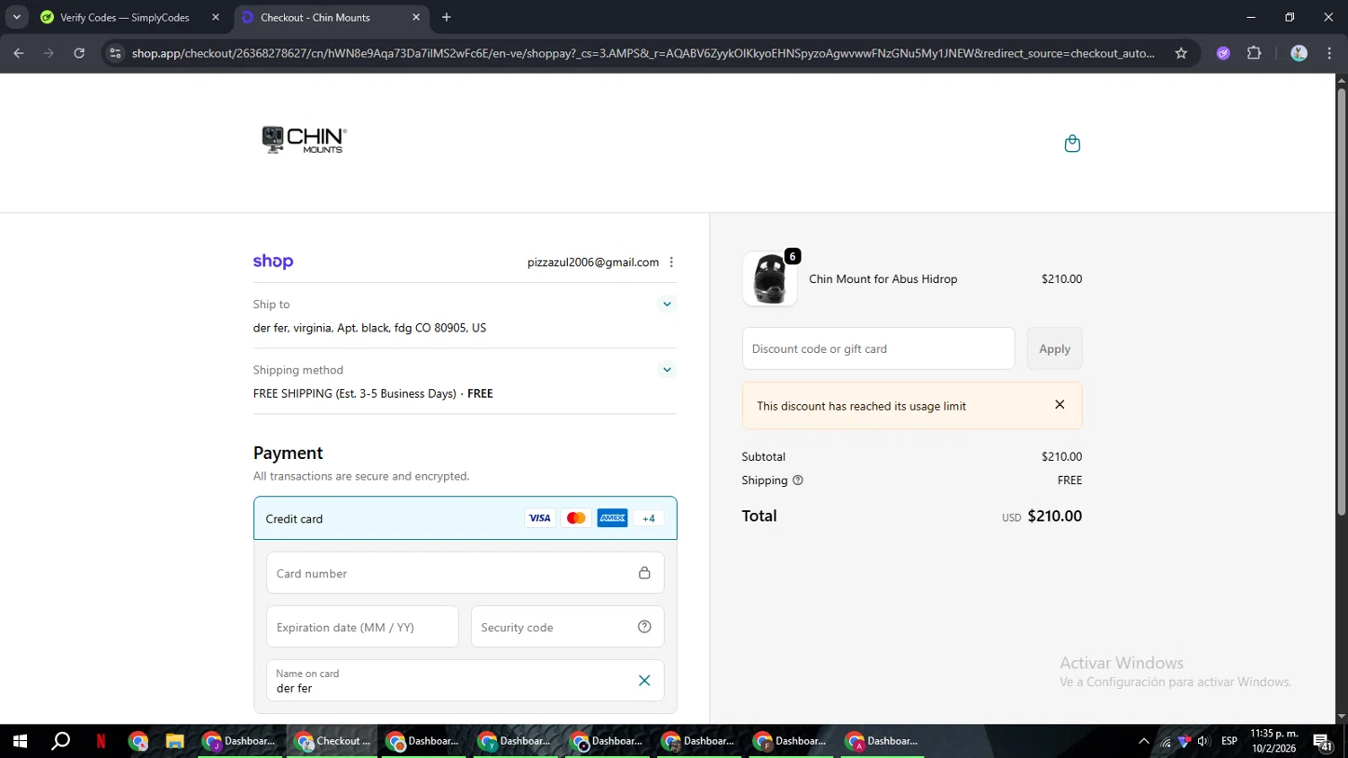 Chin Mounts discount code screenshot showing code STEPHEN63710 applied at Chin Mounts checkout page. Uploaded by SimplyCodes community member ShrewdSeeker6165 on Feb 11, 2026