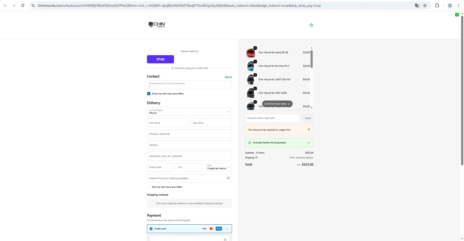 Chin Mounts discount code screenshot showing code STEPHEN63710 applied at Chin Mounts checkout page. Uploaded by SimplyCodes community member kaiser2 on Feb 13, 2026