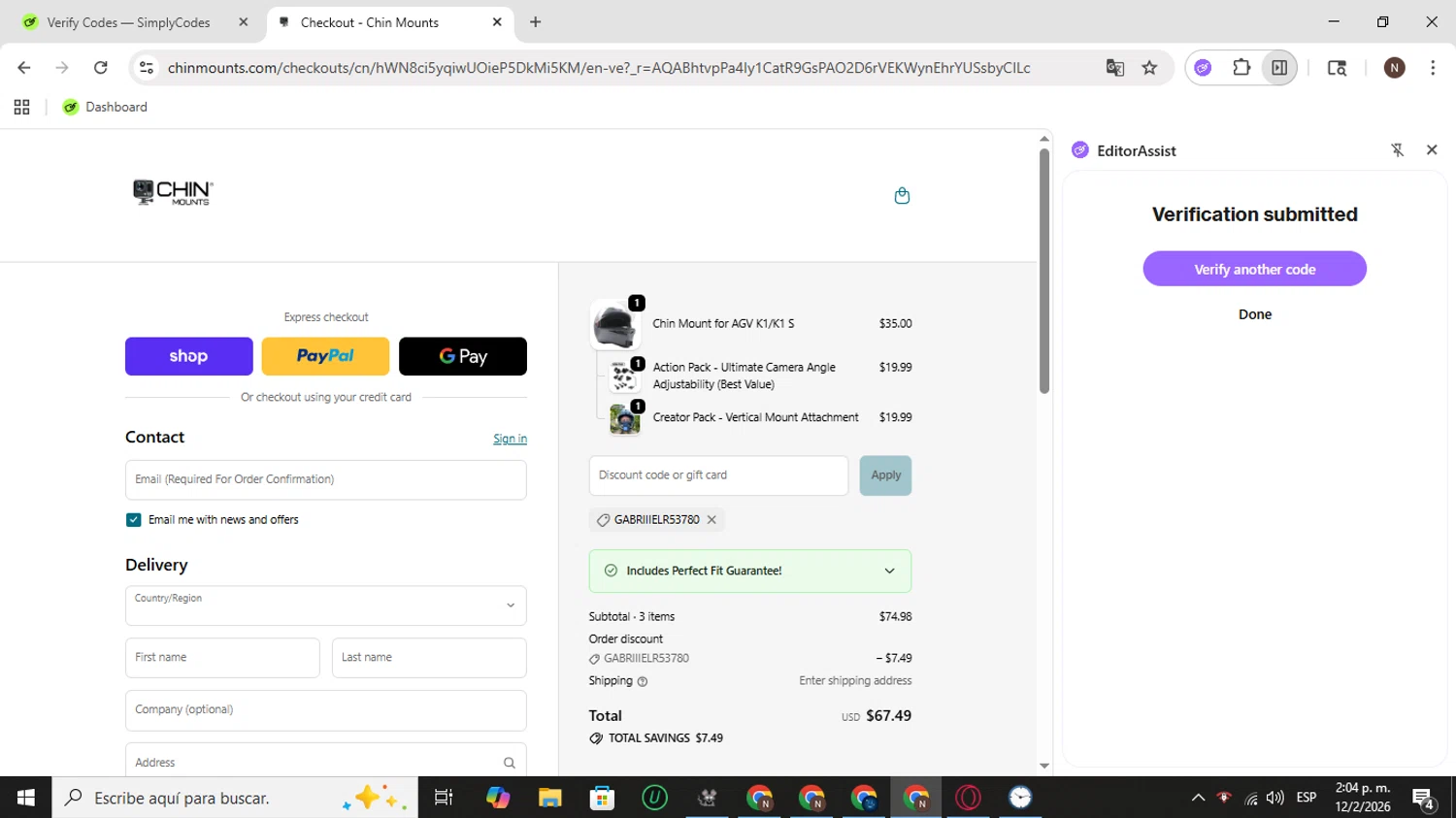 Chin Mounts checkout page showing Chin Mounts discount code box | Screenshot taken by SimplyCodes community member on Feb 12, 2026