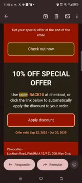 BACK10 coupon verification screenshot