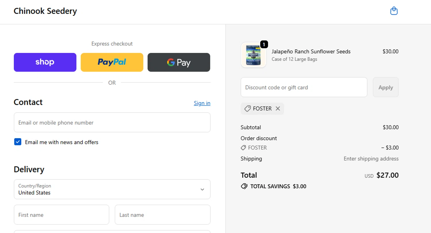 Chinook Seedery discount code screenshot showing code FOSTER applied at Chinook Seedery checkout page. Uploaded by SimplyCodes community member Sweety2021 on Nov 13, 2025