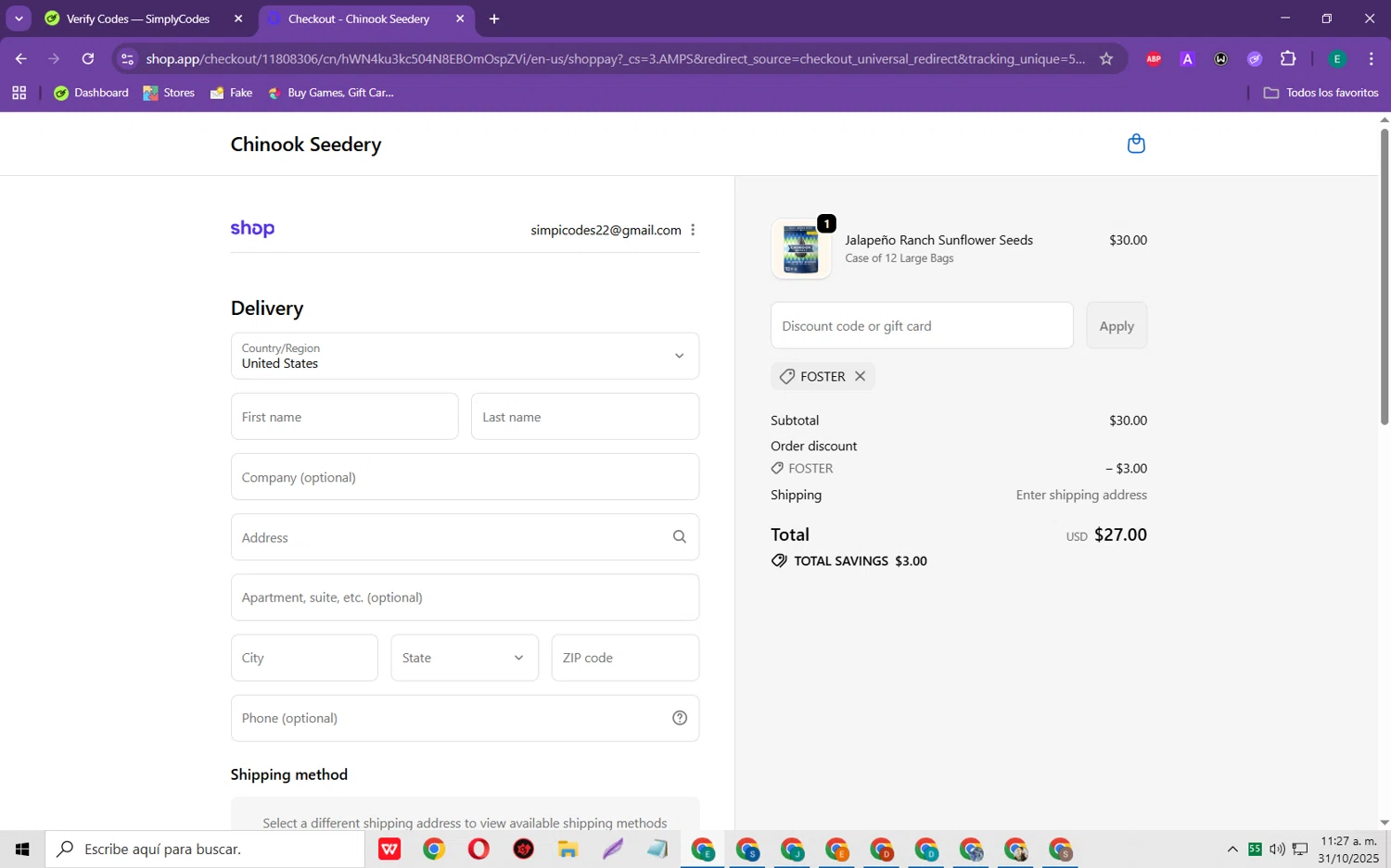 Chinook Seedery discount code screenshot showing code FOSTER applied at Chinook Seedery checkout page. Uploaded by SimplyCodes community member RebateScholar429 on Oct 31, 2025
