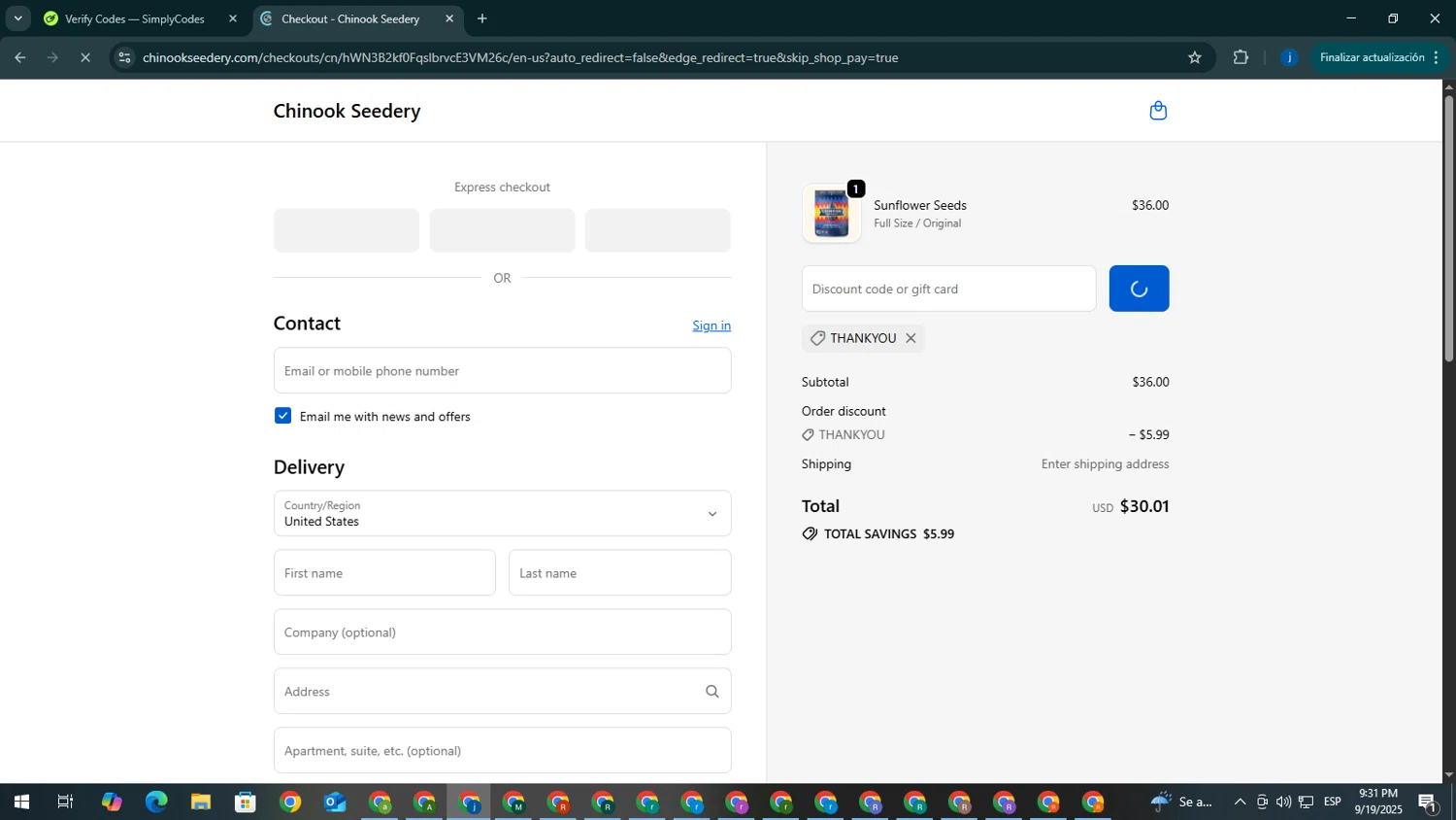 Chinook Seedery discount code screenshot showing code THANKYOU applied at Chinook Seedery checkout page. Uploaded by SimplyCodes community member CrownElite7615 on Sep 20, 2025