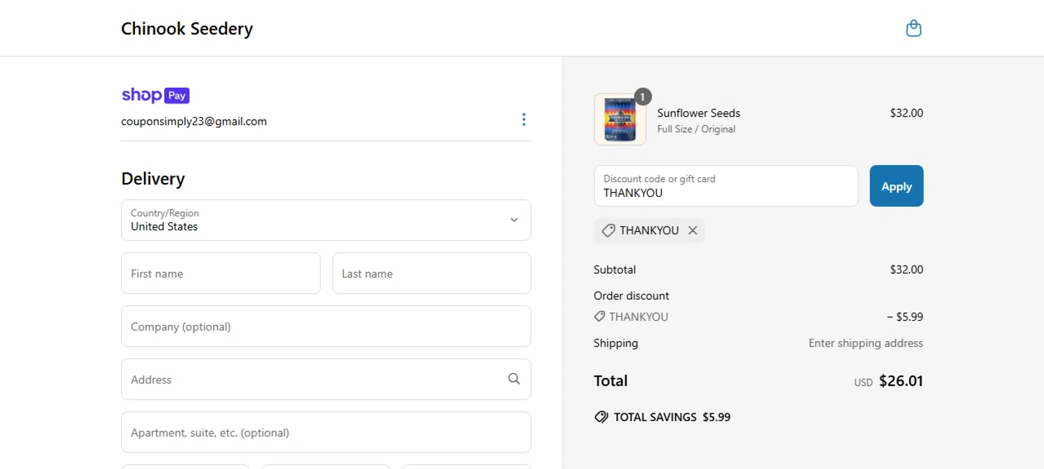 Chinook Seedery discount code screenshot showing code THANKYOU applied at Chinook Seedery checkout page. Uploaded by SimplyCodes community member TomaTuYukota on Jun 24, 2025