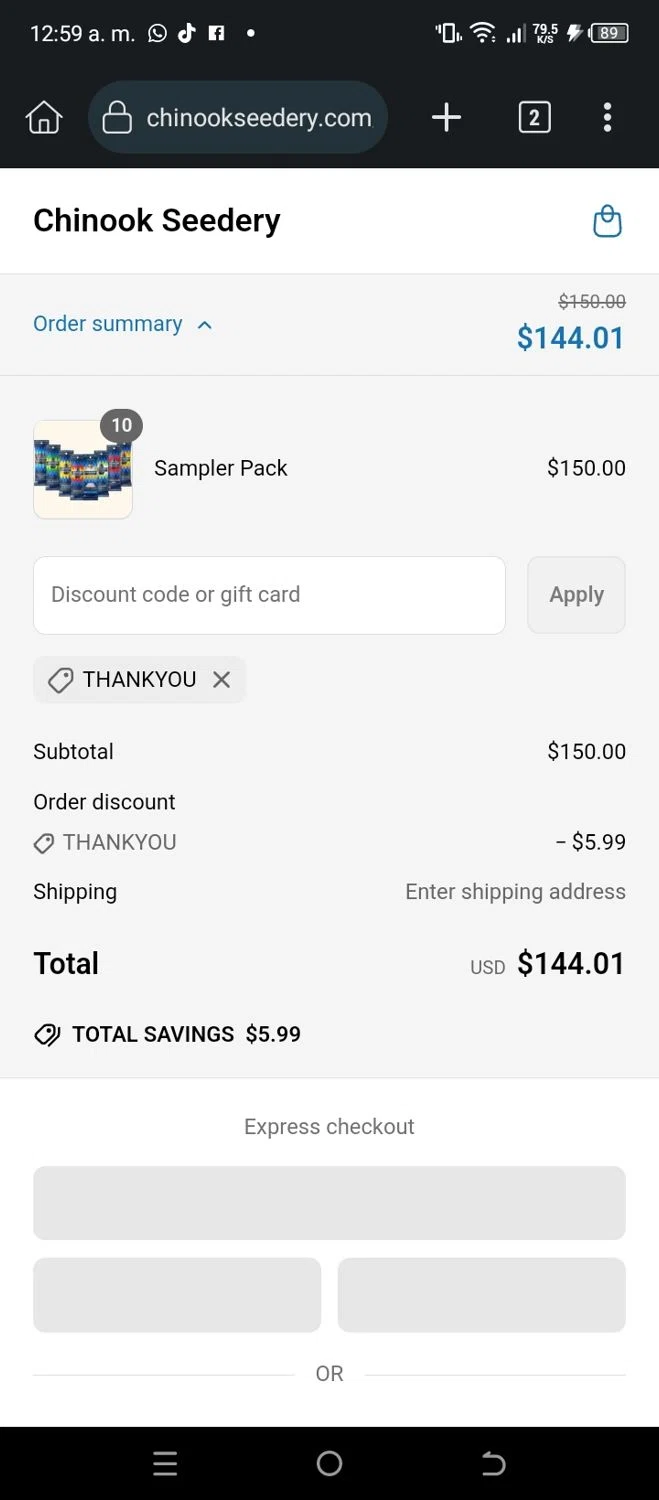 Chinook Seedery discount code screenshot showing code THANKYOU applied at Chinook Seedery checkout page. Uploaded by SimplyCodes community member CleverSleuth6613 on May 2, 2025