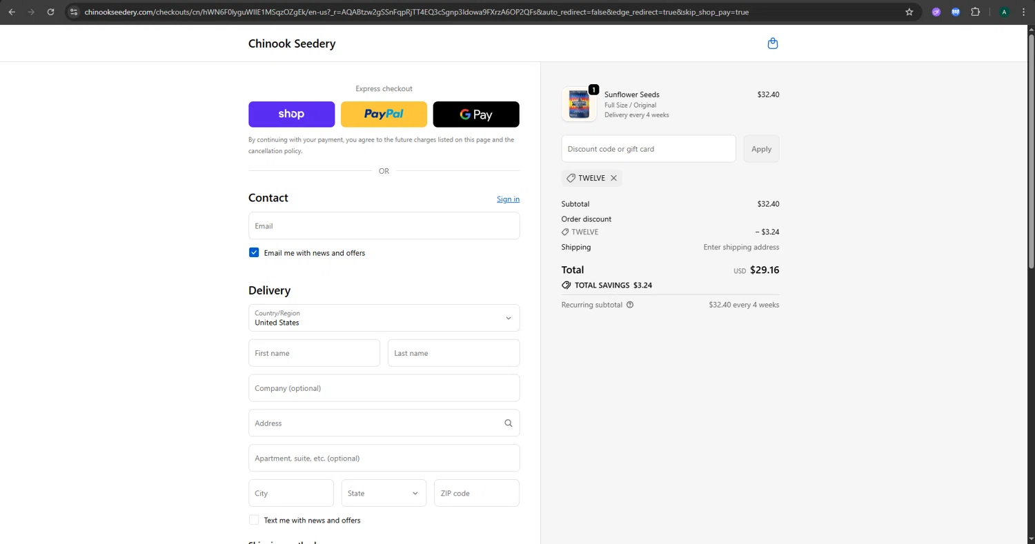 Chinook Seedery discount code screenshot showing code TWELVE applied at Chinook Seedery checkout page. Uploaded by SimplyCodes community member CoinGuardian4017 on Dec 9, 2025