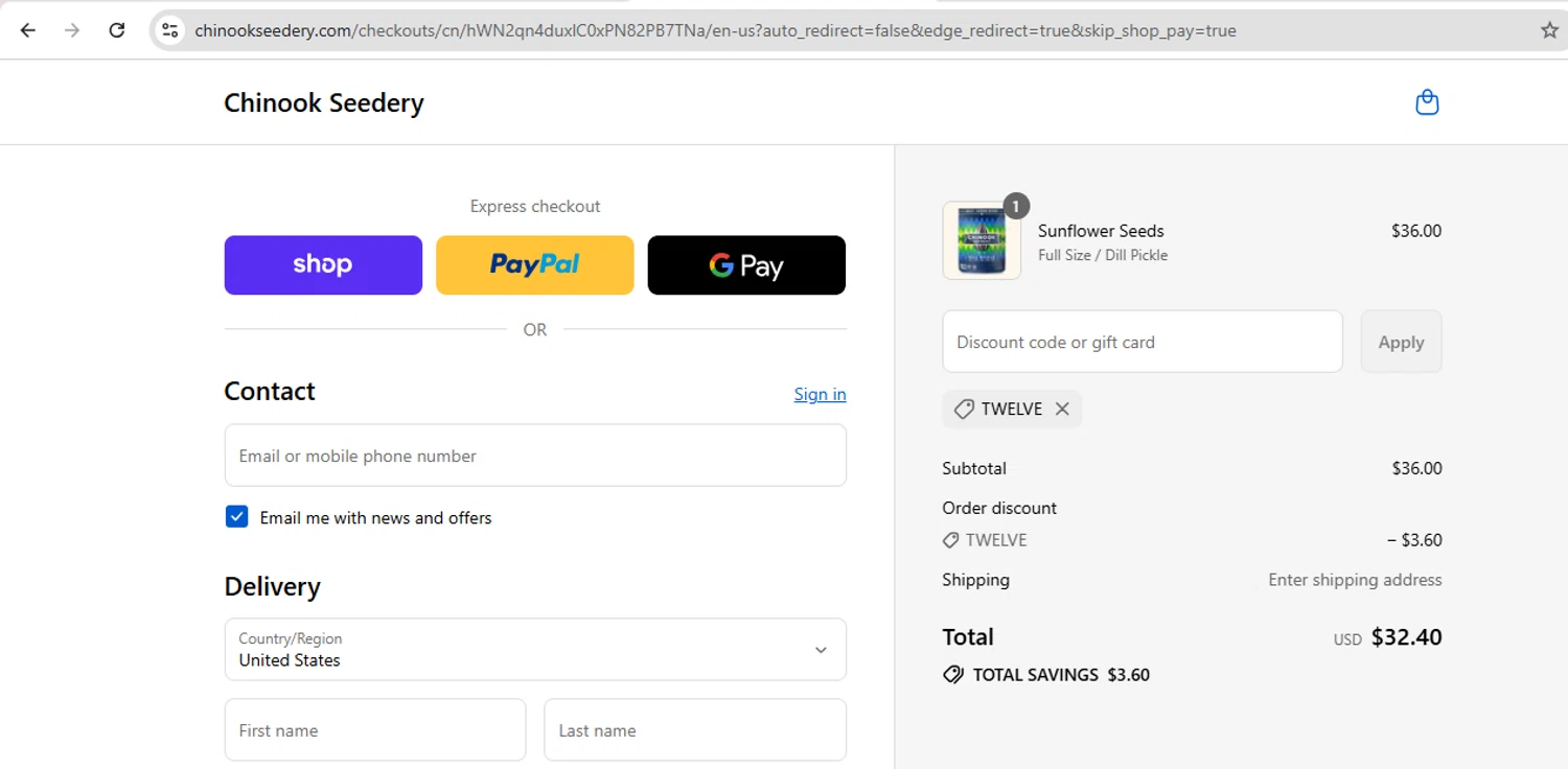 Chinook Seedery discount code screenshot showing code TWELVE applied at Chinook Seedery checkout page. Uploaded by SimplyCodes community member carol_lameda on Sep 11, 2025