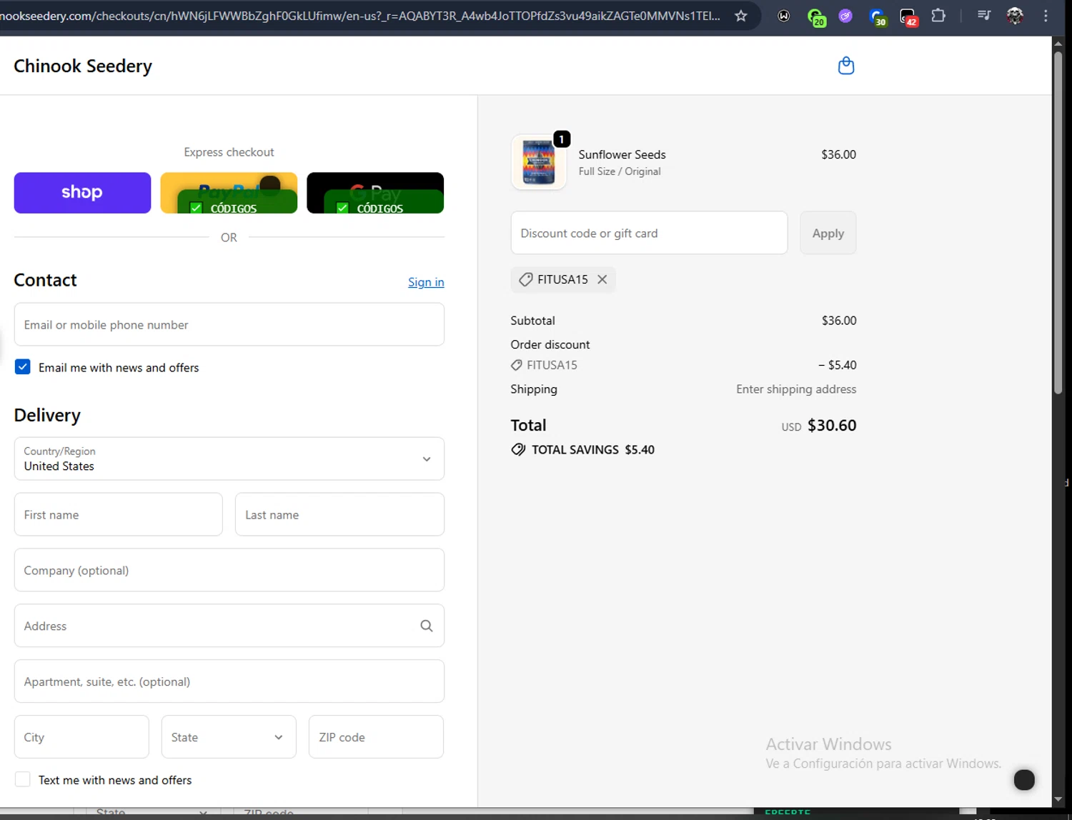 Chinook Seedery discount code screenshot showing code FITUSA15 applied at Chinook Seedery checkout page. Uploaded by SimplyCodes community member Jmhernand1 on Dec 22, 2025