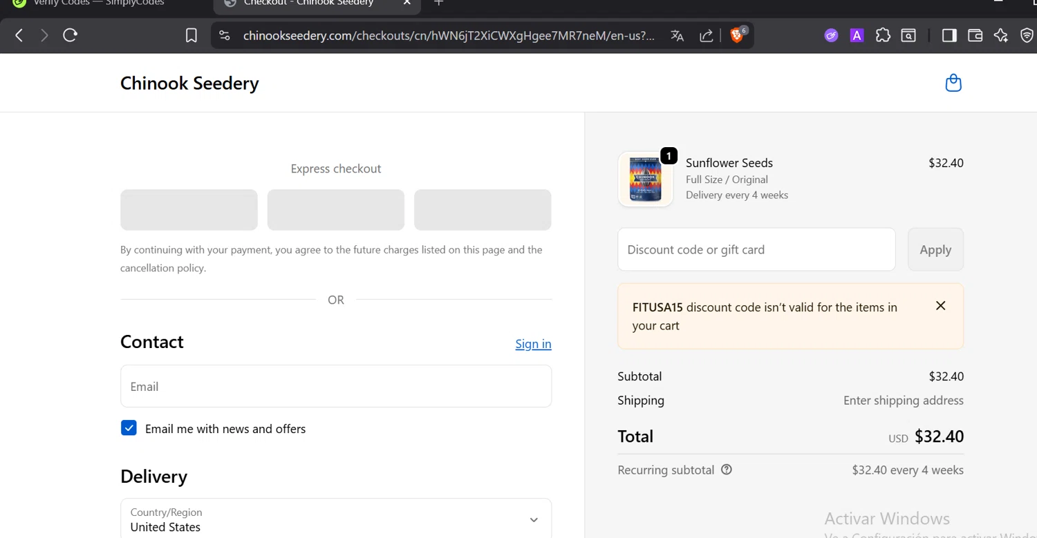 Chinook Seedery discount code screenshot showing code FITUSA15 applied at Chinook Seedery checkout page. Uploaded by SimplyCodes community member Trump23 on Dec 22, 2025