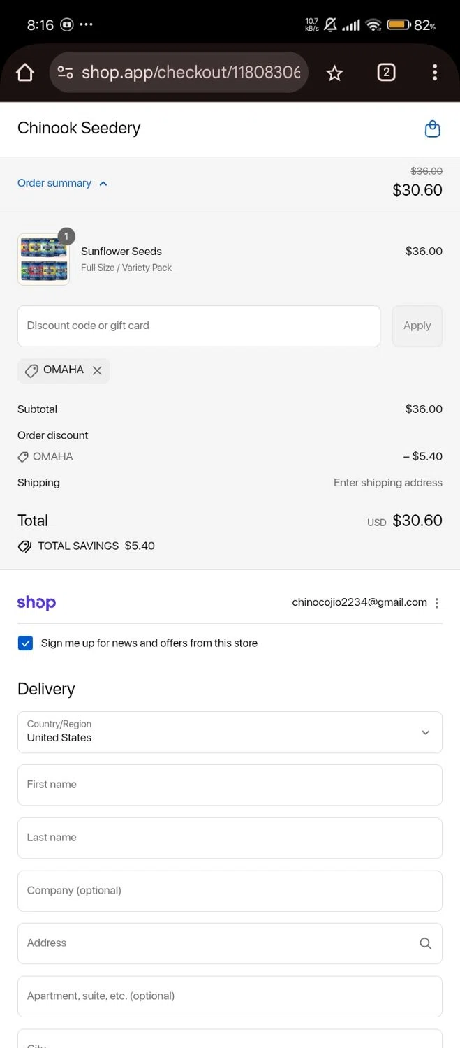 Chinook Seedery discount code screenshot showing code OMAHA applied at Chinook Seedery checkout page. Uploaded by SimplyCodes community member RebateShopper5497 on Aug 30, 2025