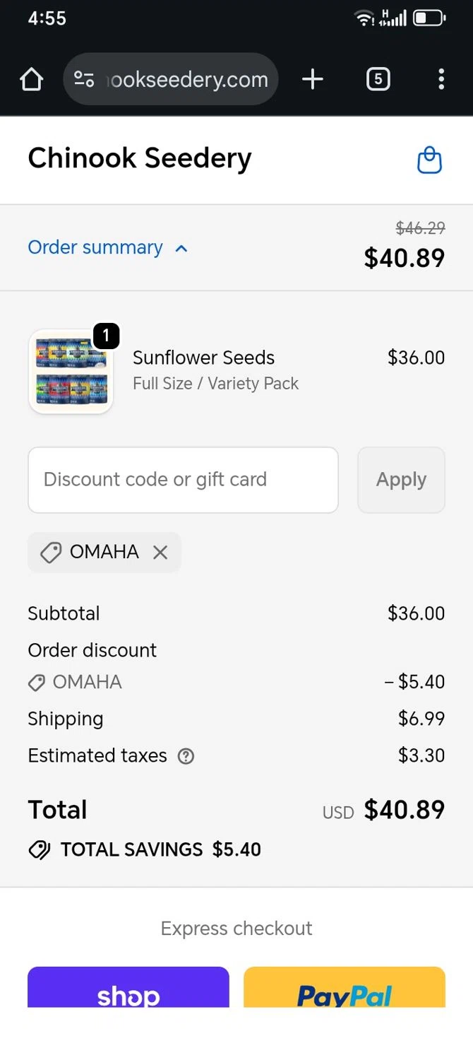 Chinook Seedery discount code screenshot showing code OMAHA applied at Chinook Seedery checkout page. Uploaded by SimplyCodes community member franksanchez on Oct 17, 2025