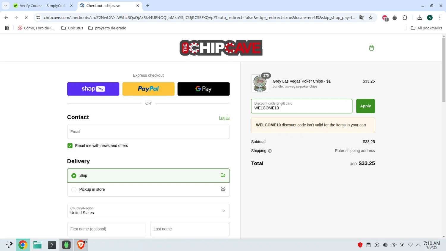 ChipCave promo code screenshot showing code WELCOME10 applied at ChipCave checkout page. Uploaded by SimplyCodes community member admeneses on Mar 1, 2025