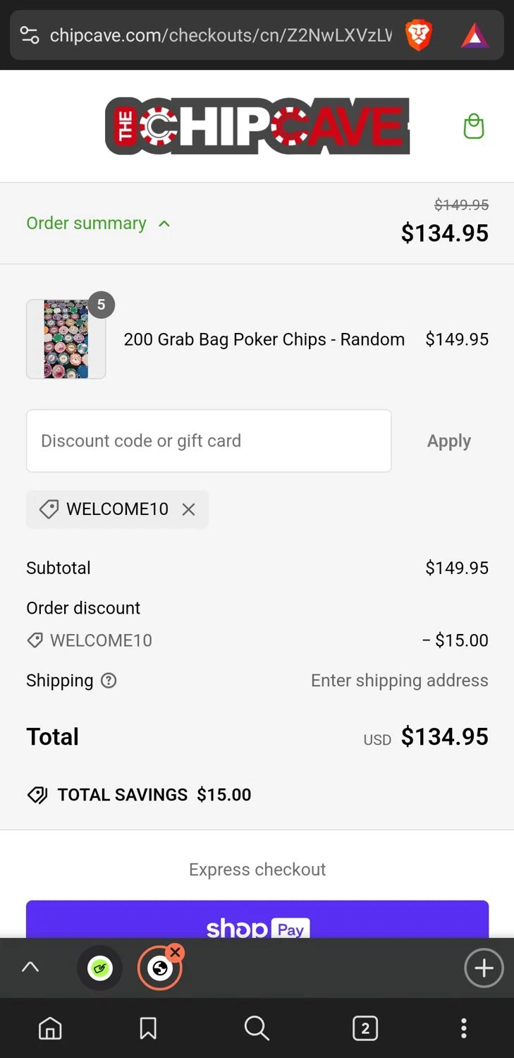 ChipCave promo code screenshot showing code WELCOME10 applied at ChipCave checkout page. Uploaded by SimplyCodes community member xxdddd on Mar 1, 2025