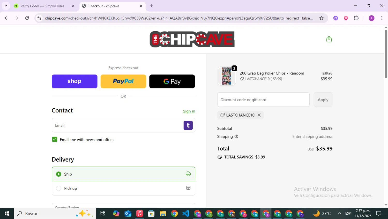 ChipCave promo code screenshot showing code LASTCHANCE10 applied at ChipCave checkout page. Uploaded by SimplyCodes community member RebateAce6764 on Dec 11, 2025