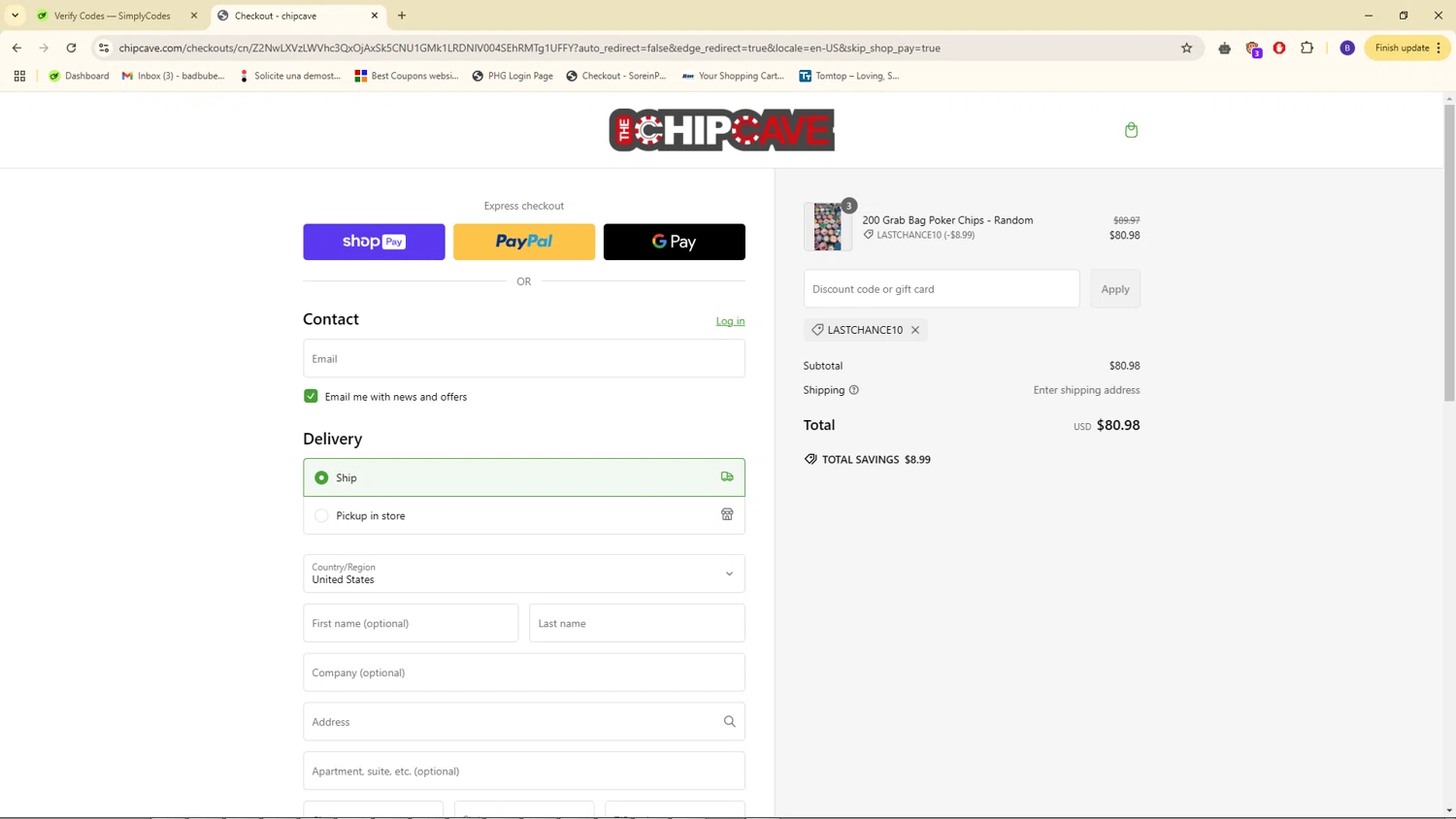 ChipCave promo code screenshot showing code LASTCHANCE10 applied at ChipCave checkout page. Uploaded by SimplyCodes community member WiseSeeker4854 on Mar 2, 2025