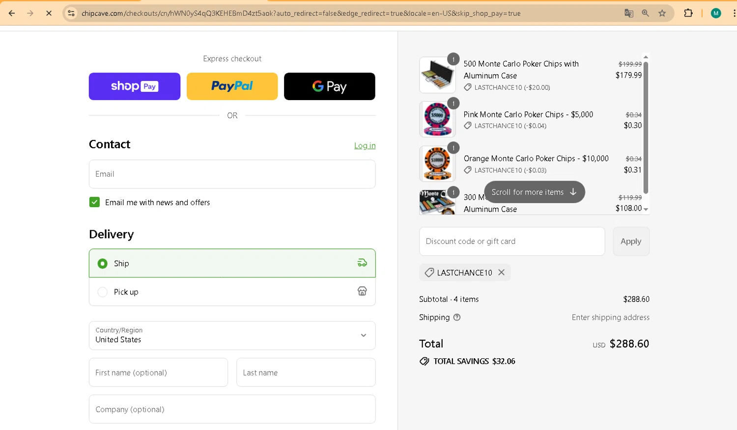 ChipCave promo code screenshot showing code LASTCHANCE10 applied at ChipCave checkout page. Uploaded by SimplyCodes community member marco007 on Jul 24, 2025