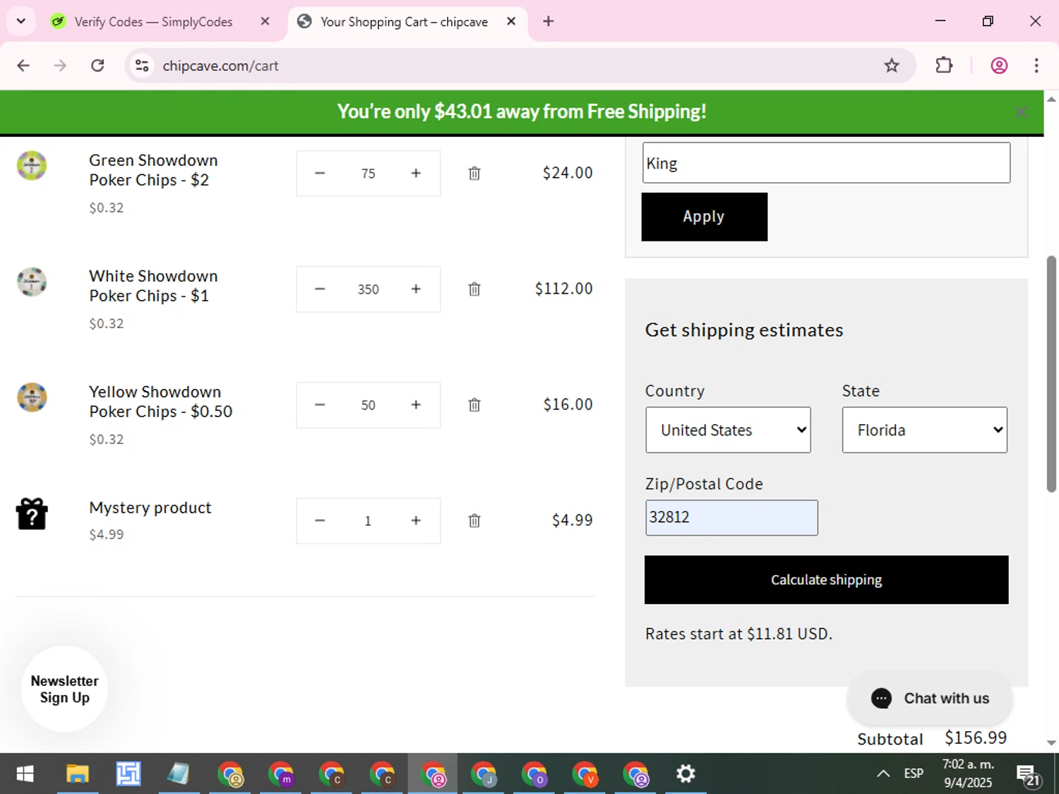 ChipCave promo code screenshot showing code King applied at ChipCave checkout page. Uploaded by SimplyCodes community member QuestCurator1644 on Apr 9, 2025