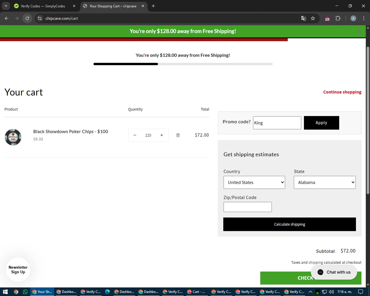 ChipCave promo code screenshot showing code King applied at ChipCave checkout page. Uploaded by SimplyCodes community member trippieredd on Apr 9, 2025