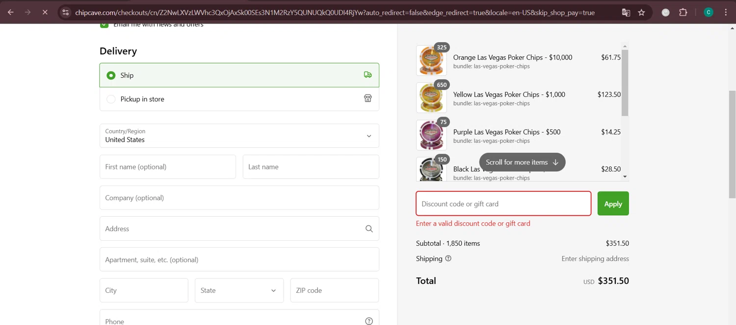 ChipCave promo code screenshot showing code CAVE5 applied at ChipCave checkout page. Uploaded by SimplyCodes community member Negritoo on Feb 15, 2025
