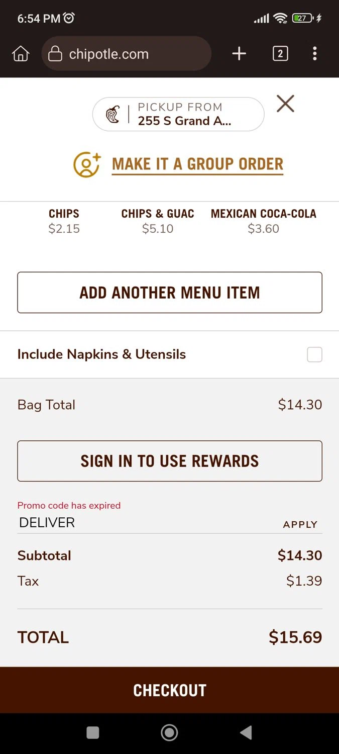 Chipotle promo code screenshot showing code DELIVER applied at Chipotle checkout page. Uploaded by SimplyCodes community member CrownLion2750 on Jan 3, 2026