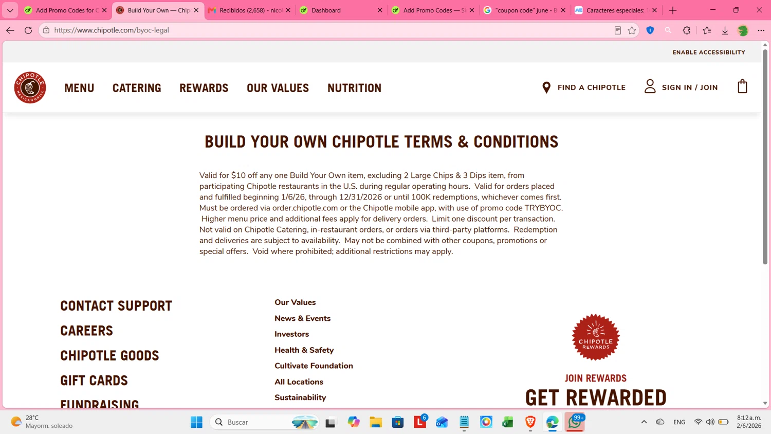 Chipotle promo code screenshot showing code TRYBYC applied at Chipotle checkout page. Uploaded by SimplyCodes community member cosita on Jun 2, 2026