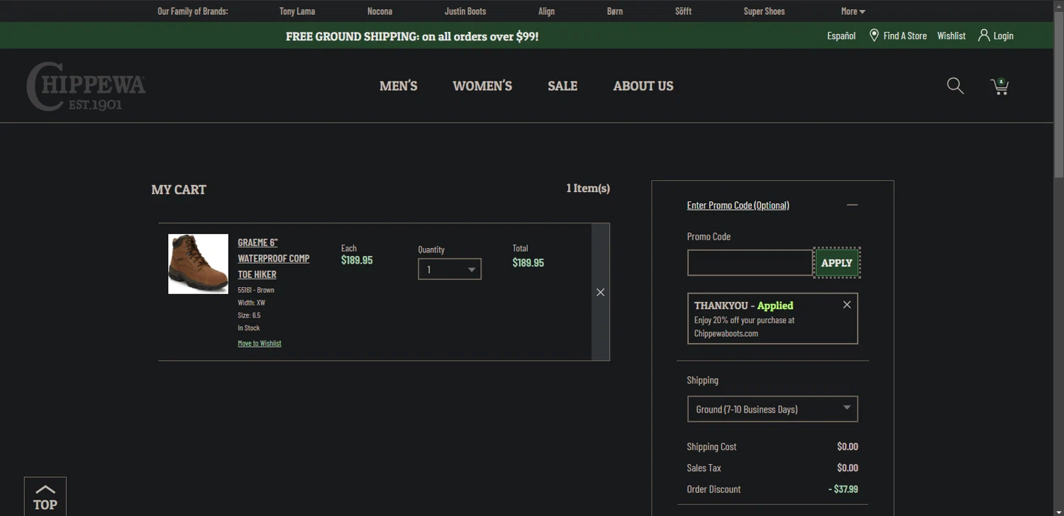 Chippewa Boots checkout page showing Chippewa Boots promo code box | Screenshot taken by SimplyCodes community member on Mar 5, 2025