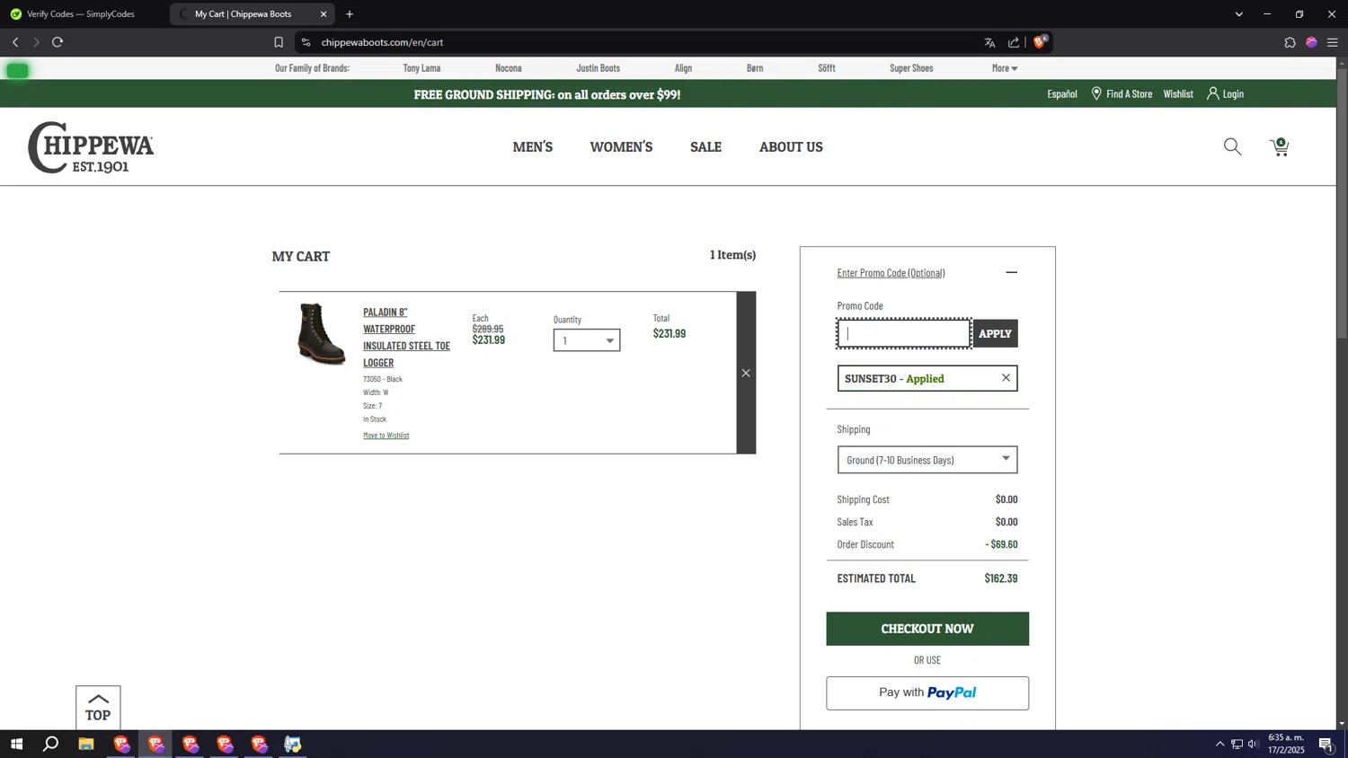 Chippewa Boots checkout page showing Chippewa Boots promo code box | Screenshot taken by SimplyCodes community member on Feb 17, 2025