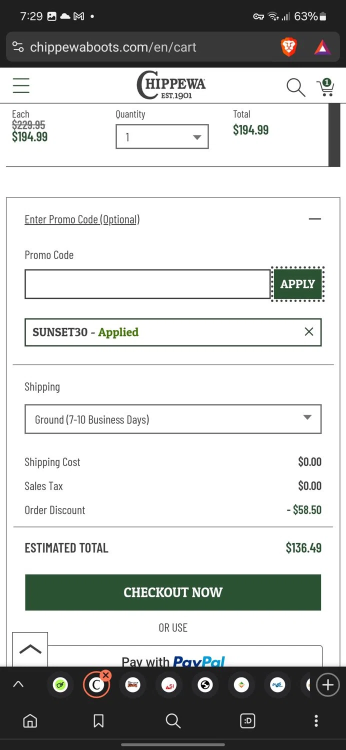 Chippewa Boots checkout page showing Chippewa Boots promo code box | Screenshot taken by SimplyCodes community member on Jan 19, 2025