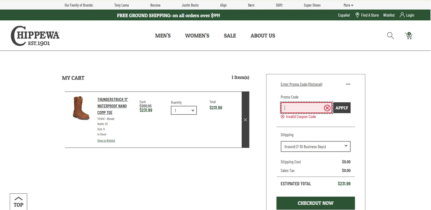 Chippewa Boots promo code screenshot showing code DADS2025 applied at Chippewa Boots checkout page. Uploaded by SimplyCodes community member kalltrom21 on Jun 21, 2025