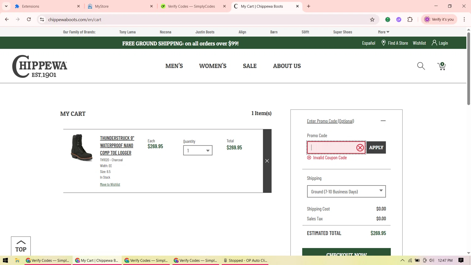 Chippewa Boots promo code screenshot showing code DADS2025 applied at Chippewa Boots checkout page. Uploaded by SimplyCodes community member ShrewdMaverick9198 on Jun 21, 2025