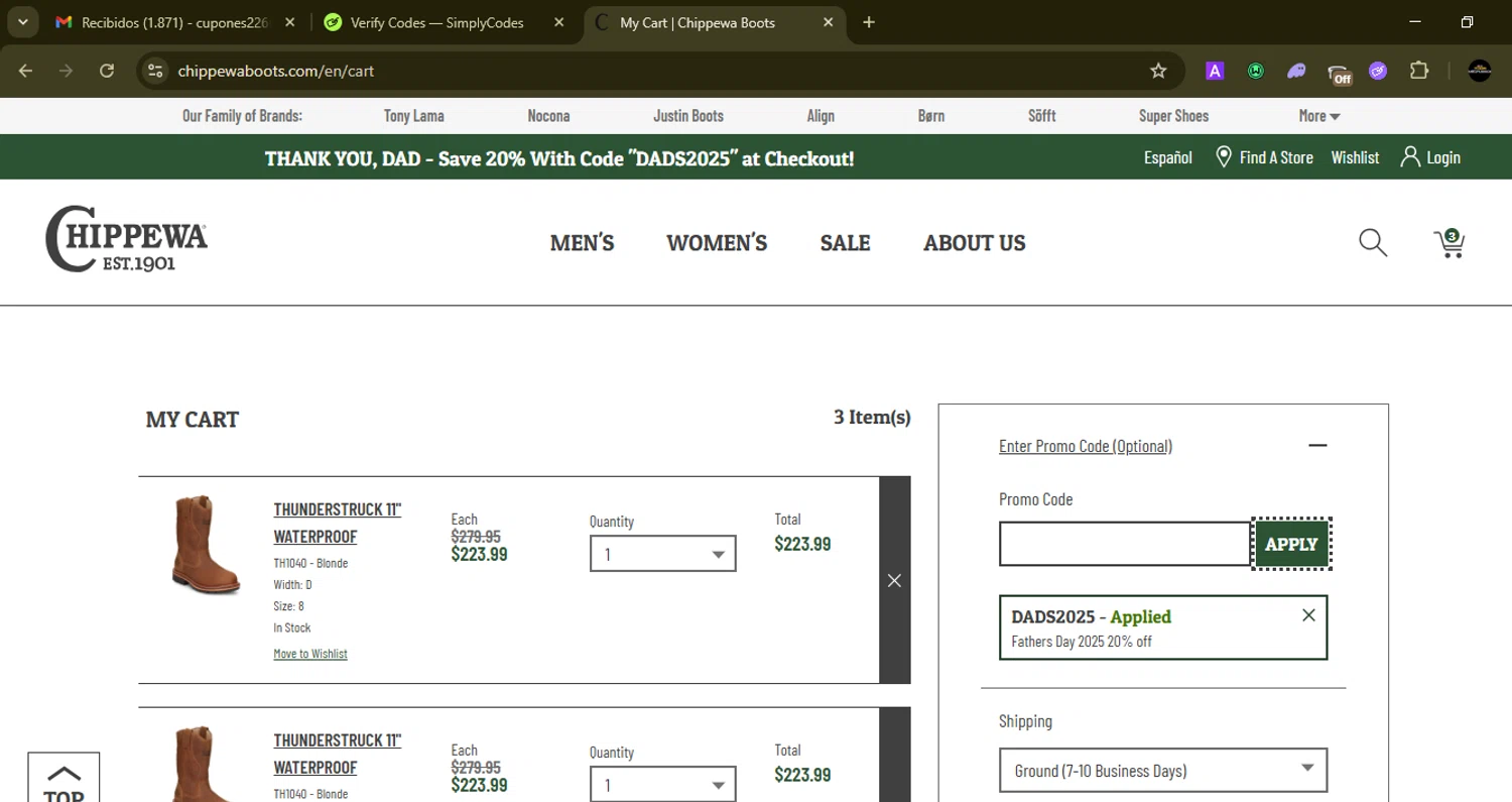 Chippewa Boots checkout page showing Chippewa Boots promo code box | Screenshot taken by SimplyCodes community member on Jun 7, 2025