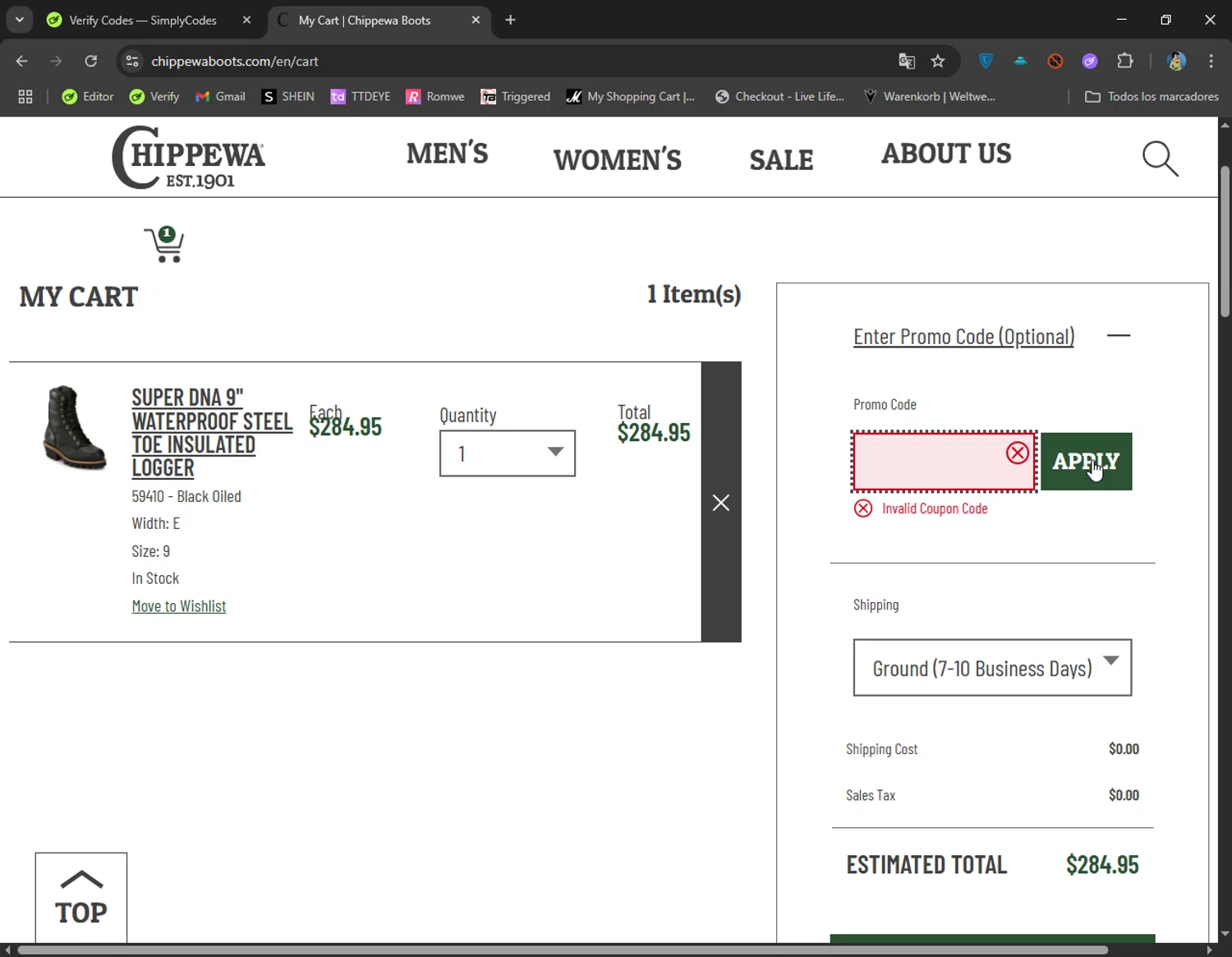 Chippewa Boots promo code screenshot showing code JULY2025 applied at Chippewa Boots checkout page. Uploaded by SimplyCodes community member CoolMcCool on Jul 4, 2025