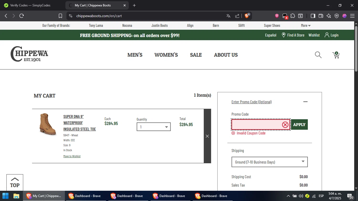 Chippewa Boots promo code screenshot showing code JULY2025 applied at Chippewa Boots checkout page. Uploaded by SimplyCodes community member Cynoxx on Jul 4, 2025